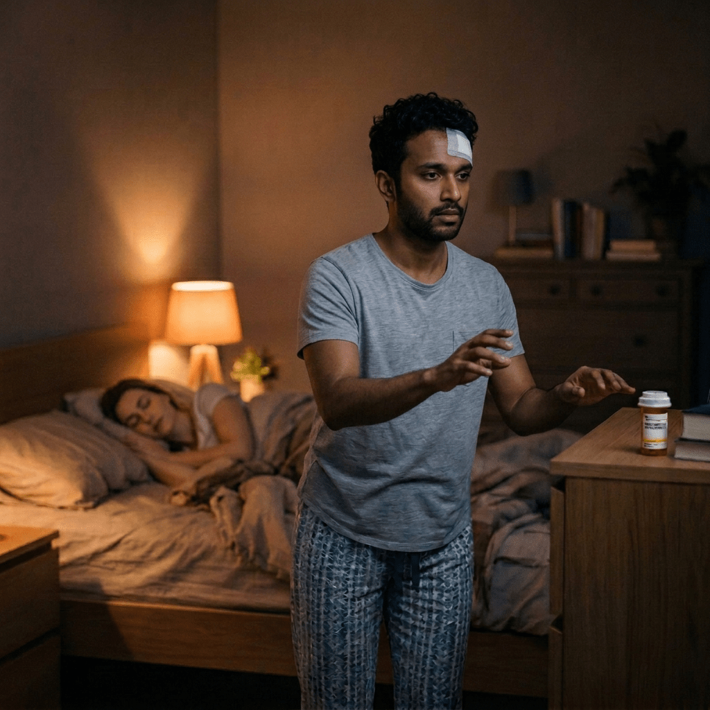 Woman sleepwalking in bedroom at night while man sleeps on bed