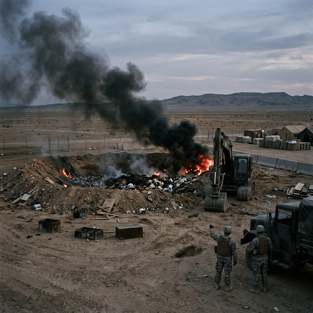 Soldiers and excavator beside a burning waste pit in a desert camp