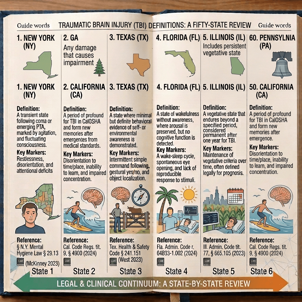Infographic defining coma, vegetative state, minimally conscious state, and post-traumatic amnesia.