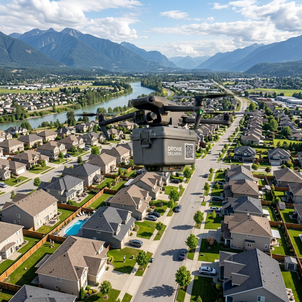 Flying delivery drone over residential neighborhood