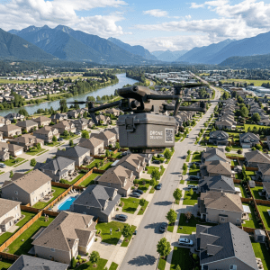 Flying delivery drone over residential neighborhood