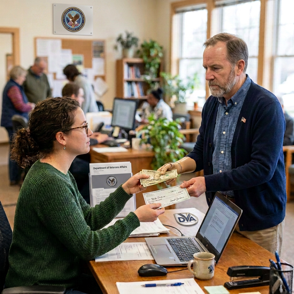 Two women exchange cash and a check at an office desk