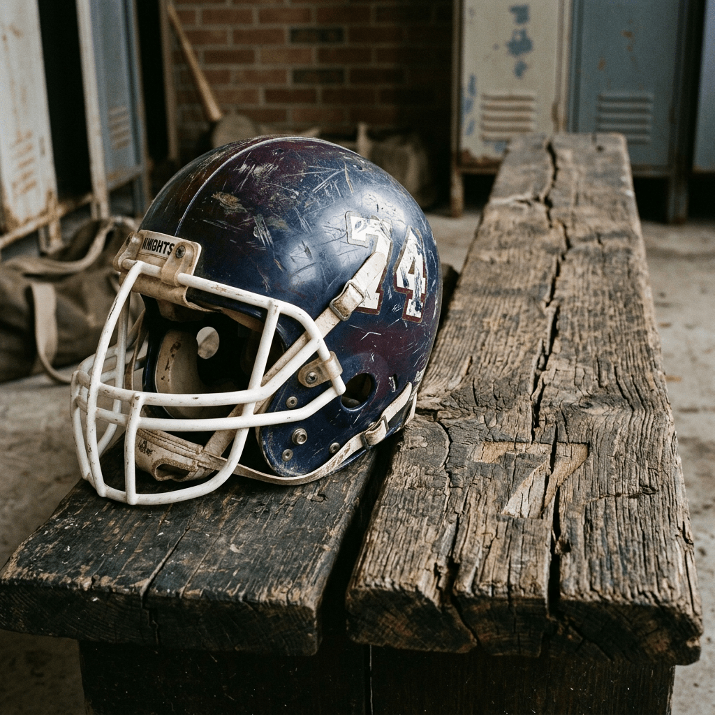Worn navy football helmet with number 24 on a wooden bench