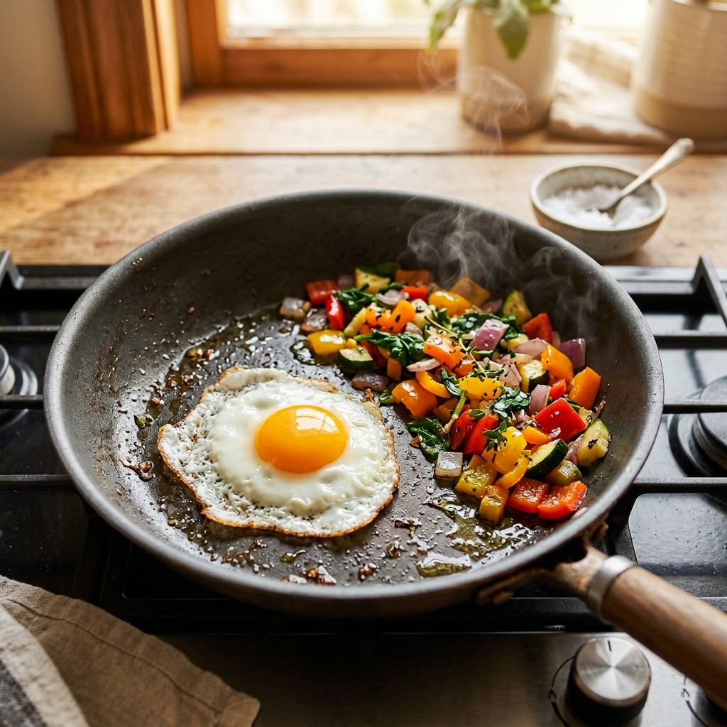 Fried egg with colorful sautéed vegetables in a skillet