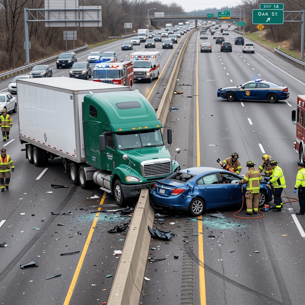 Emergency crews respond to a truck and car collision on highway