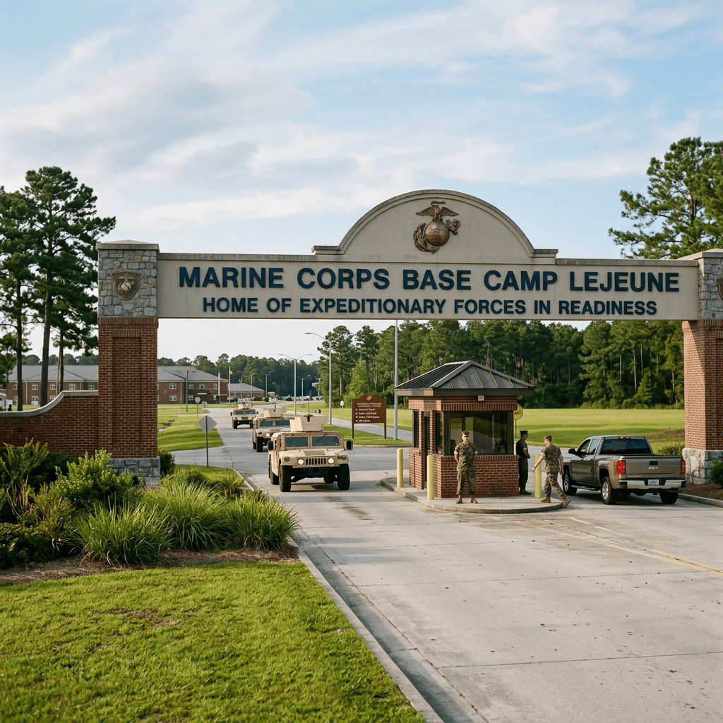 Camp Lejeune entrance sign reading Marine Corps Base Camp Lejeune