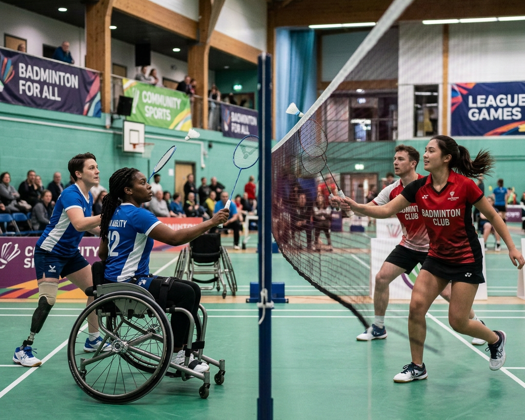 Wheelchair badminton player and standing opponent reaching for shuttlecock