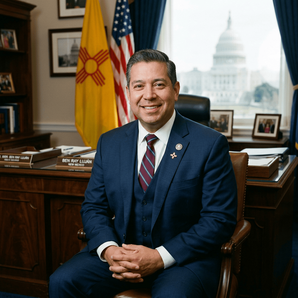 Ben Ray Luján seated in an office beside New Mexico and American flags