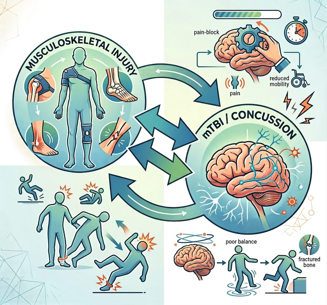 Bidirectional Injury Recovery Risk Cycle Infographic titled “BI-DIRECTIONAL RELATIONSHIP: MUSCULOSKELETAL INJURY AND mTBI,” showing four steps: 1. ACUTE CAUSE—Falls, collisions, and physical impact can lead to both MSK injury and head impact (mTBI). 2. RISK FACTOR FOR RECOVERY—Pain, restricted mobility, and changes in physical activity hinder cognitive rest and rehabilitation. 3. INCREASED MSK RISK—mTBI symptoms increase vulnerability to falls and subsequent MSK injuries. 4. ALTERED MECHANICS—Neurological deficits and slow reaction times lead to improper movement patterns and higher re-injury rates.