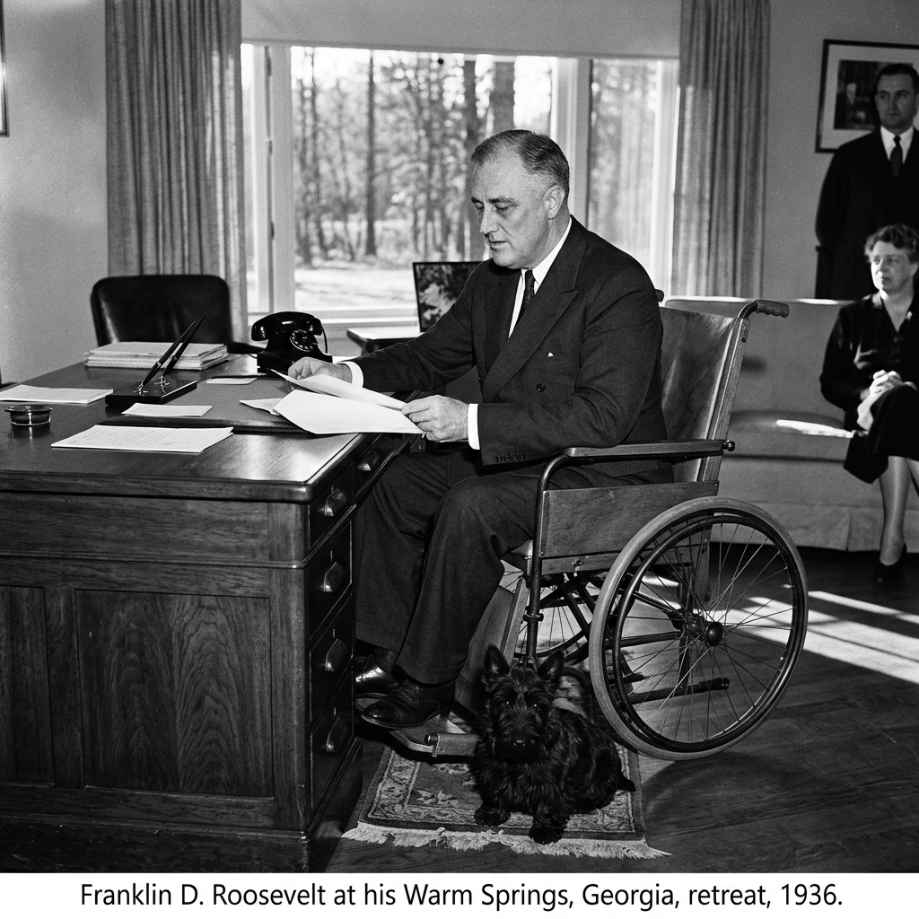 Franklin D. Roosevelt at his Warm Springs, Georgia, retreat, 1936.