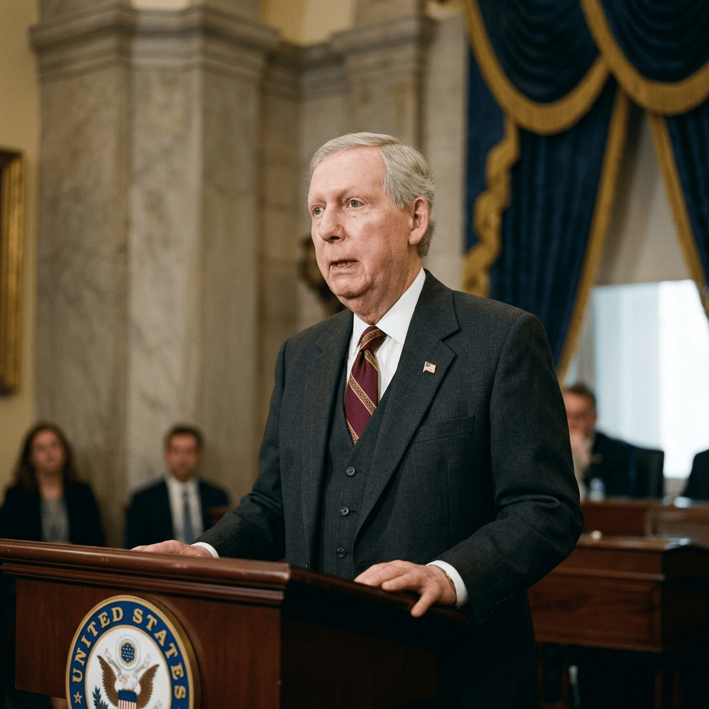 Gray-haired senator speaking at a podium bearing the United States seal