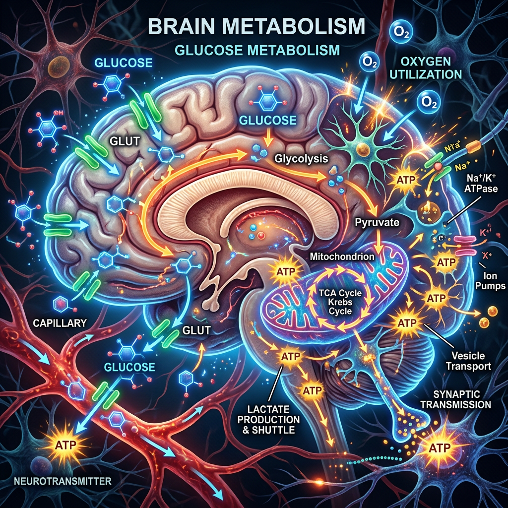 Diagram of brain glucose metabolism, oxygen use, ATP production, and neuronal energy pathways