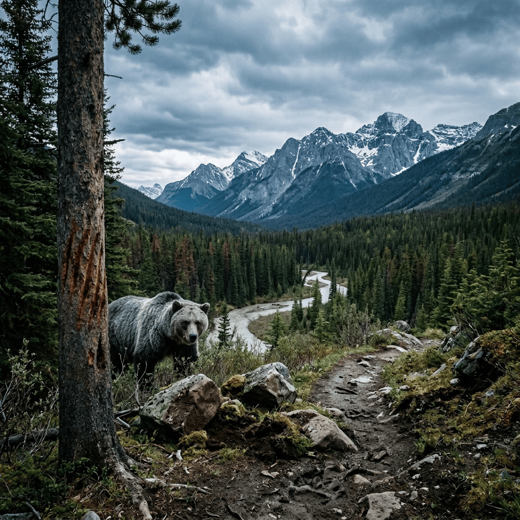 Rocky forest trail leading toward snow-capped mountains and winding river