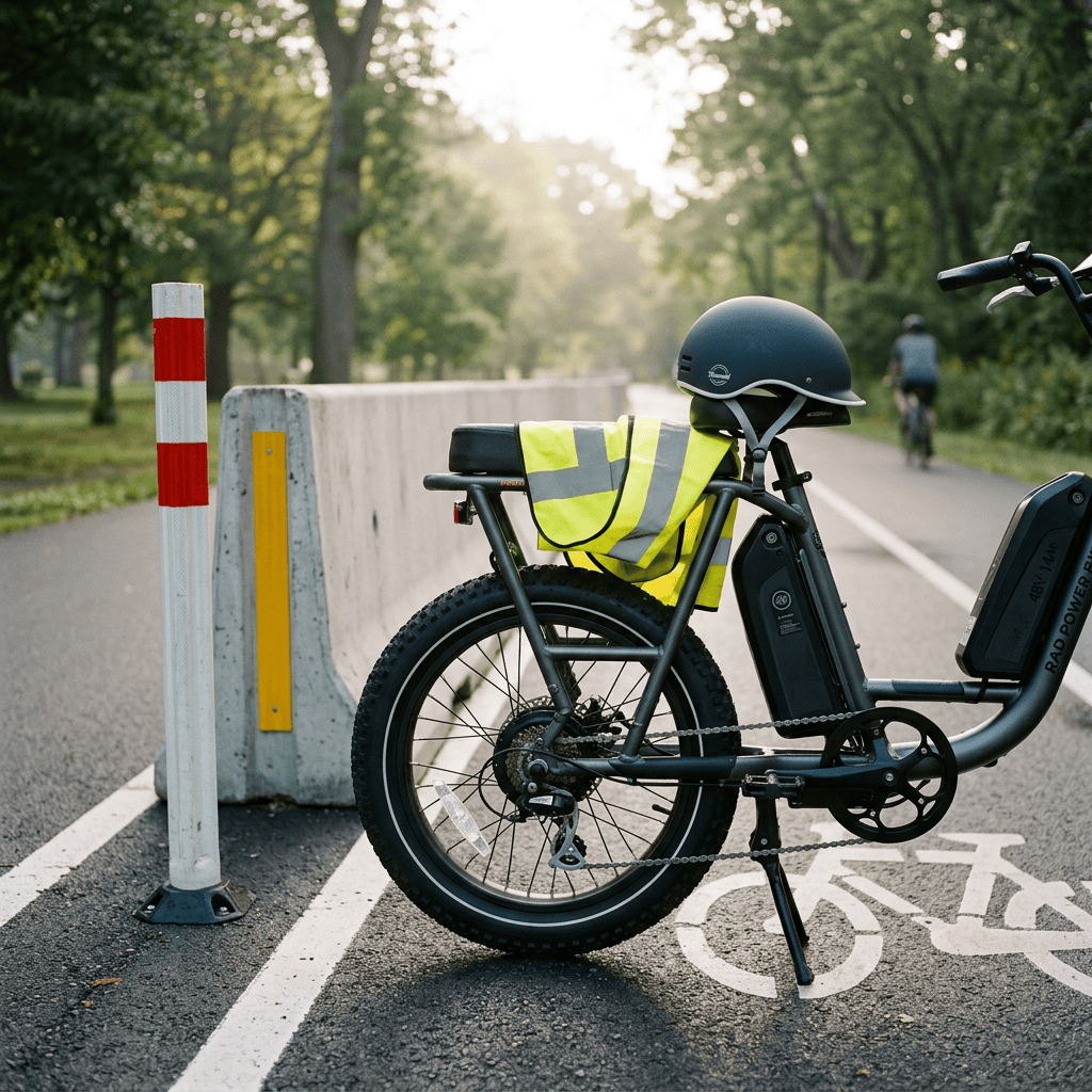 Electric bicycle with helmet and reflective vest on a bike path