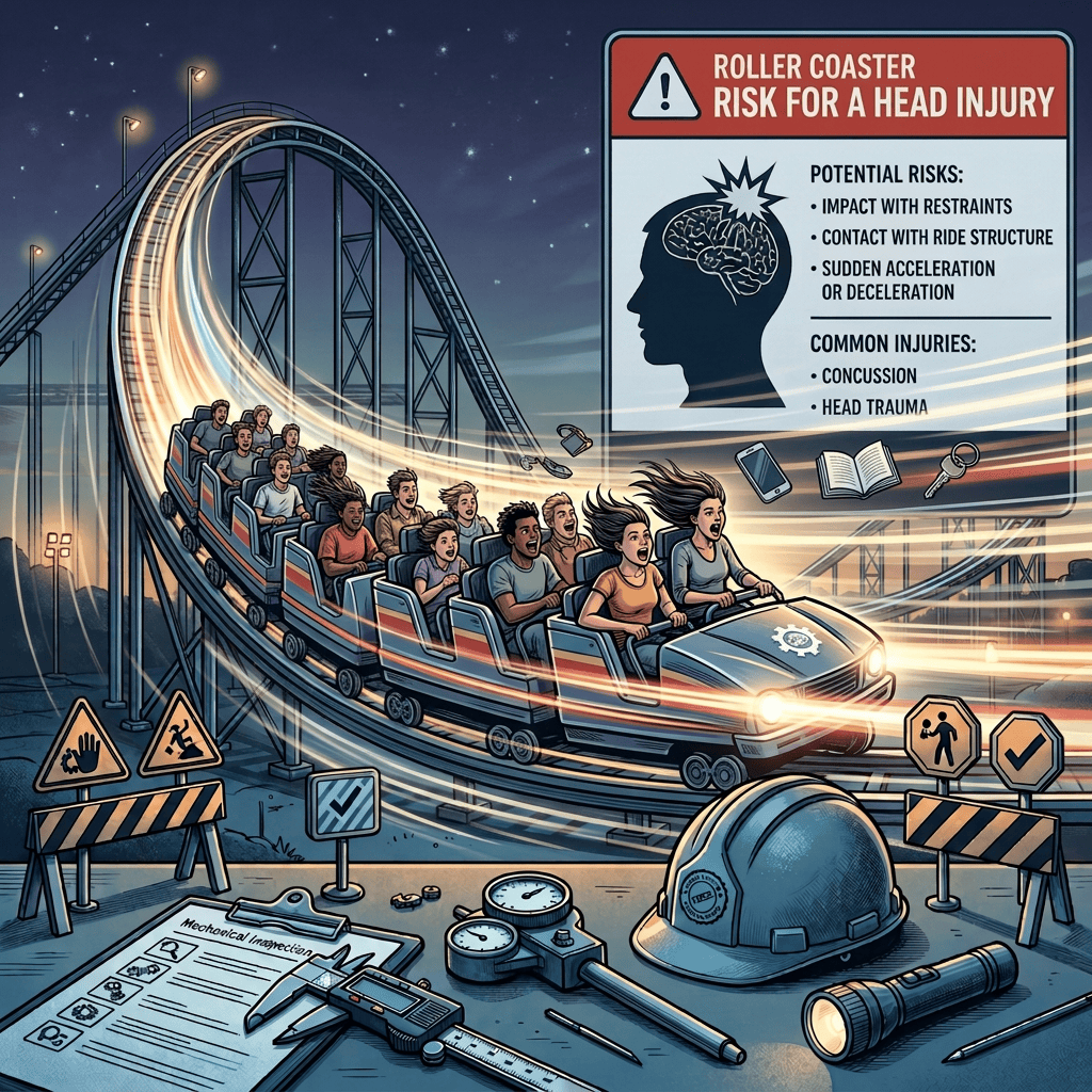 Roller coaster inspection scene with safety gear, Mechanical Inspection checklist, and ECG waveform labeled P, Q, S, T