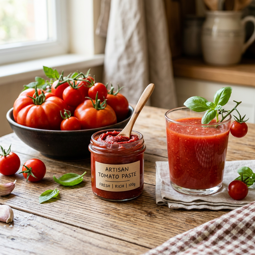 Bowl of tomatoes, tomato paste jar, and basil tomato drink on table