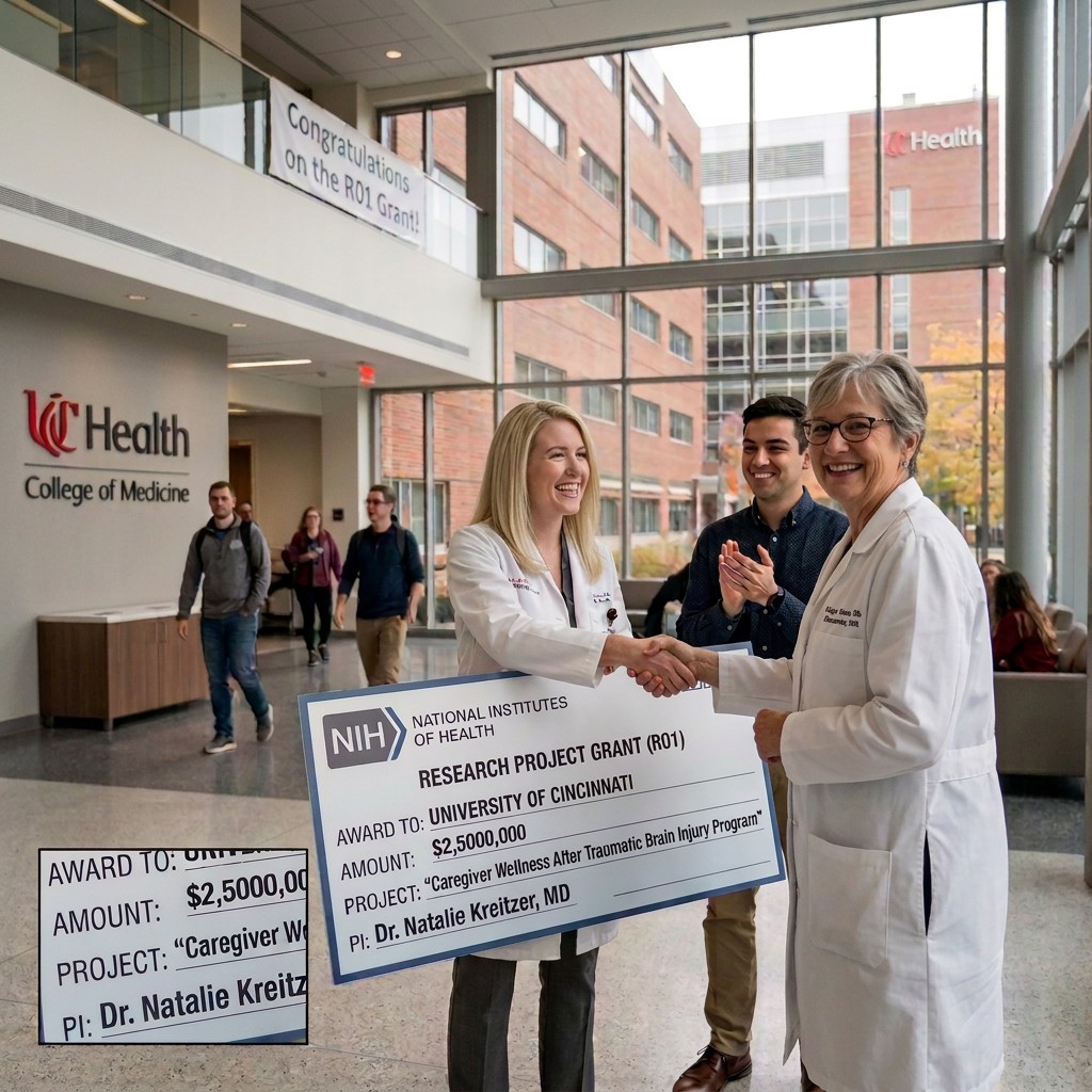 NIH grant celebration at UC Health Researchers present a $2,450,000 NIH research grant check at UC Health College of Medicine; banner reads “Congratulations on the R01 Grant!” and check names University of Cincinnati, Caregiver Wellness After Traumatic Brain Injury Program, and Dr. Natalie Kreitzer, MD.