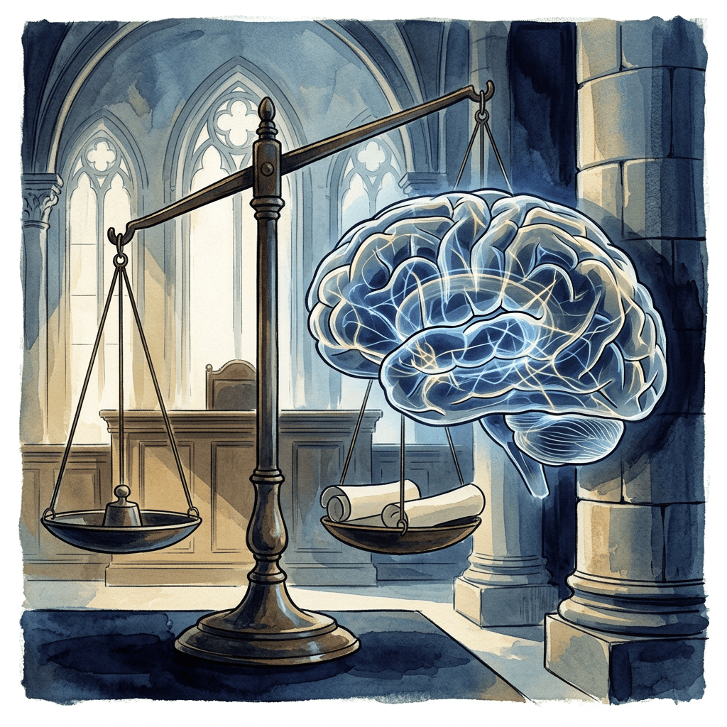 Glowing brain and scrolls balanced on scales inside a Gothic courtroom