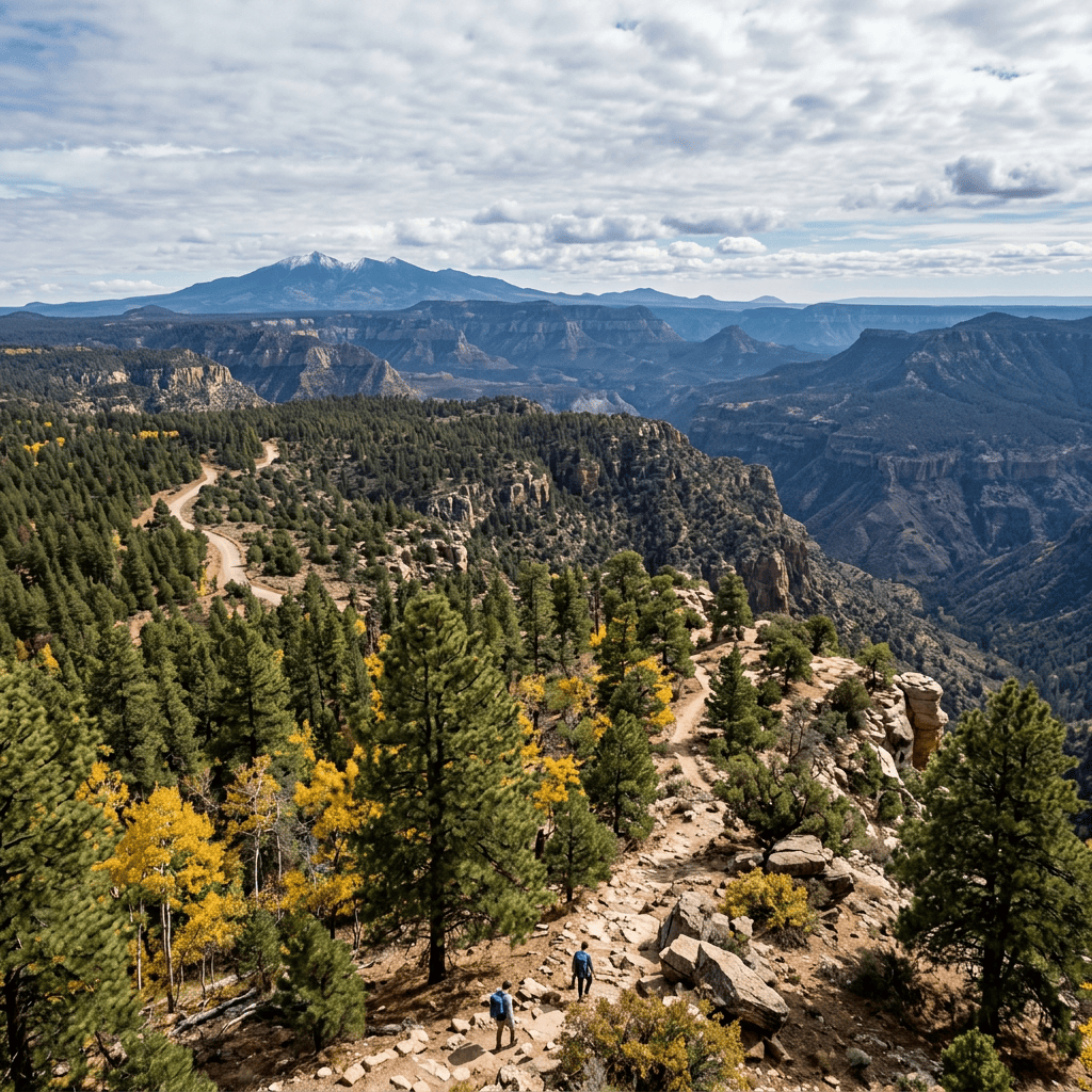 Two hikers on a rocky trail overlooking forested canyons and distant mountains