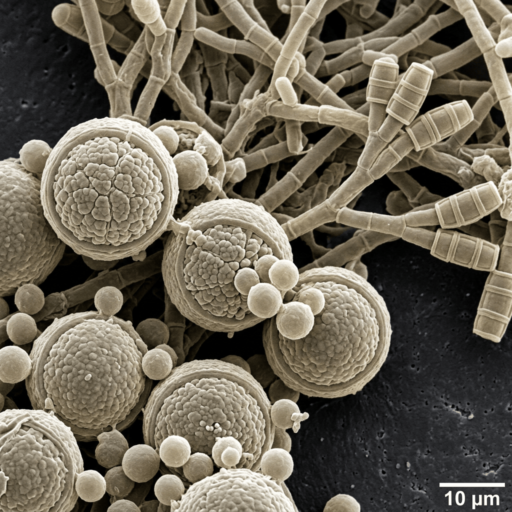 Scanning electron micrograph of fungal spores and branching hyphae, with 10 µm scale bar