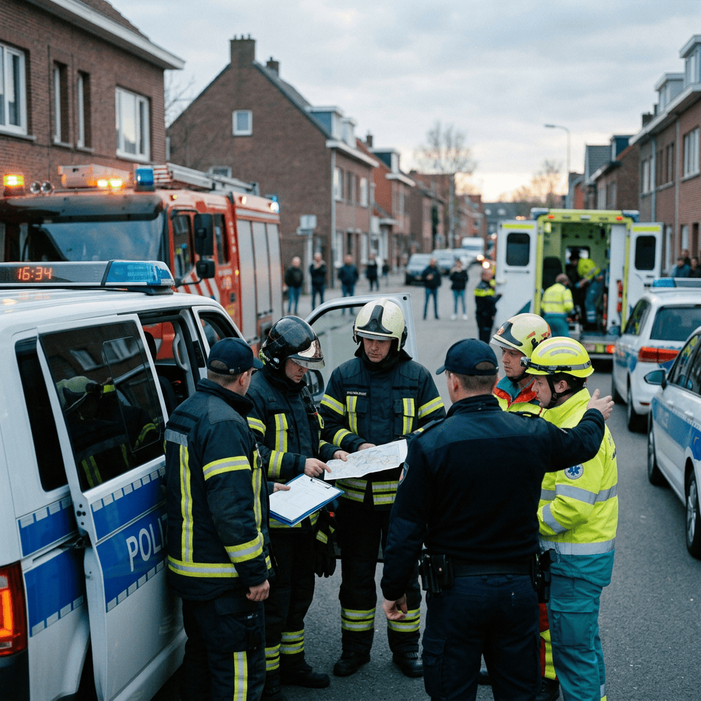 Emergency responders review a map beside police, fire, and ambulance vehicles
