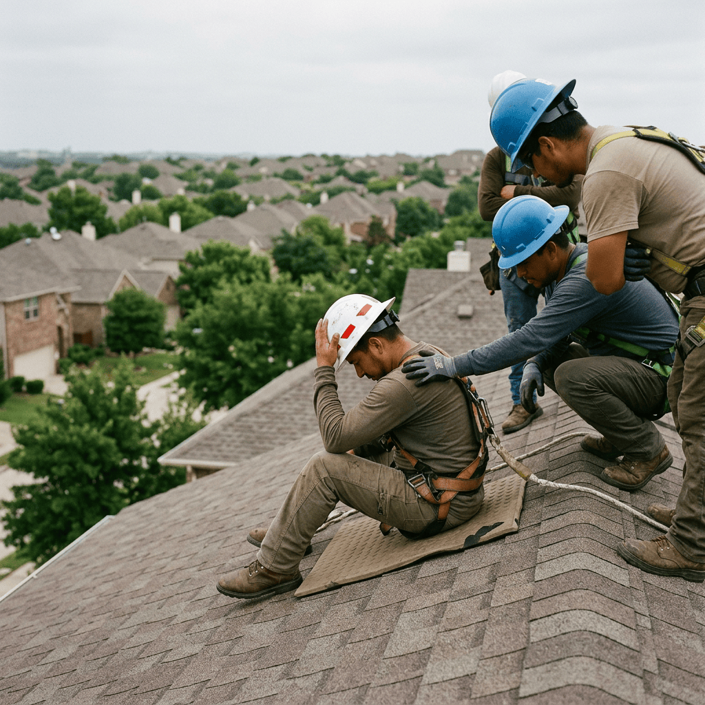 Four roofing workers in helmets and harnesses on a residential roof