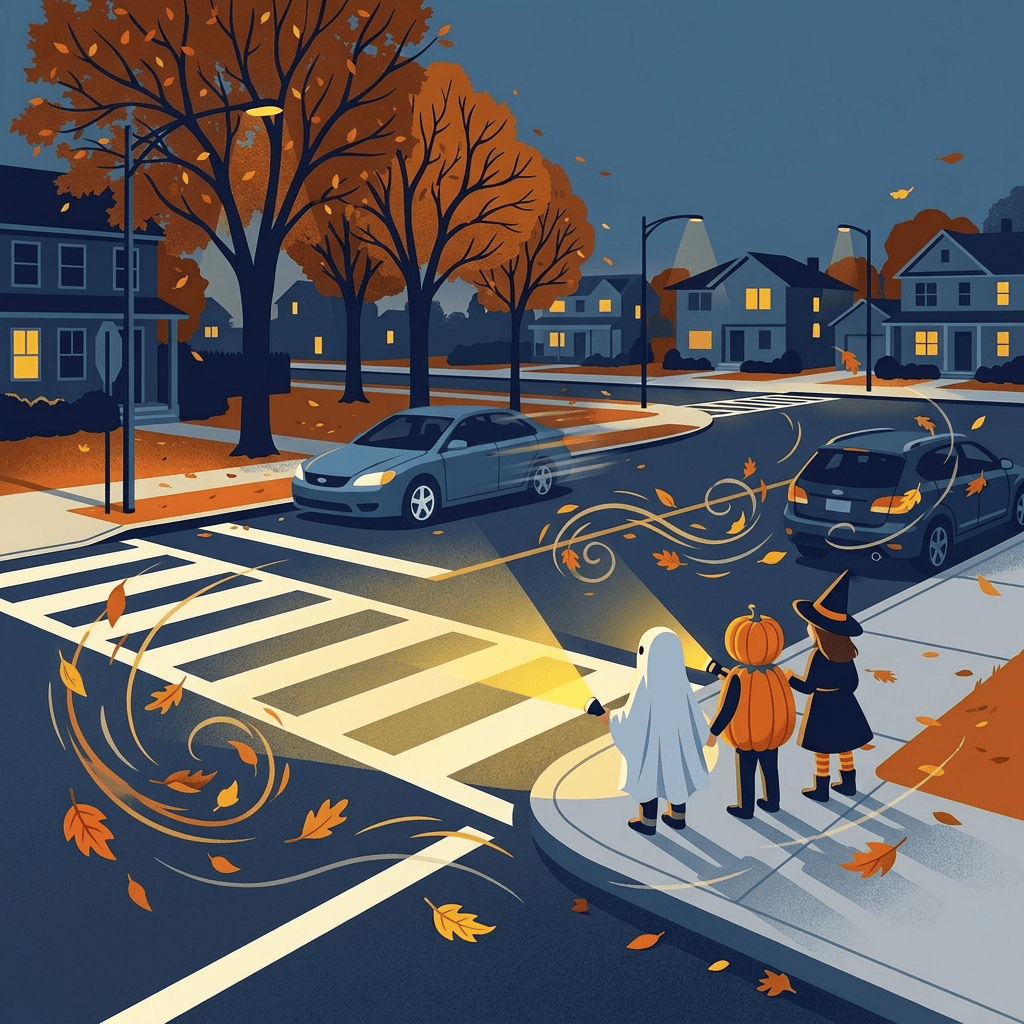 Crossing guard standing at a neighborhood crosswalk on an autumn evening